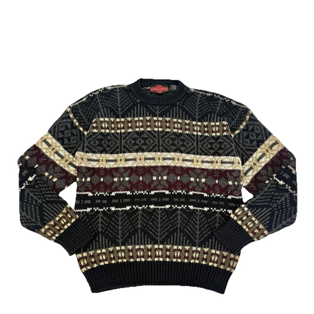 Vintage Stone Haven Mens Cosby Sweater Size XL Multicolor Fair Isle Hemp/Cotton